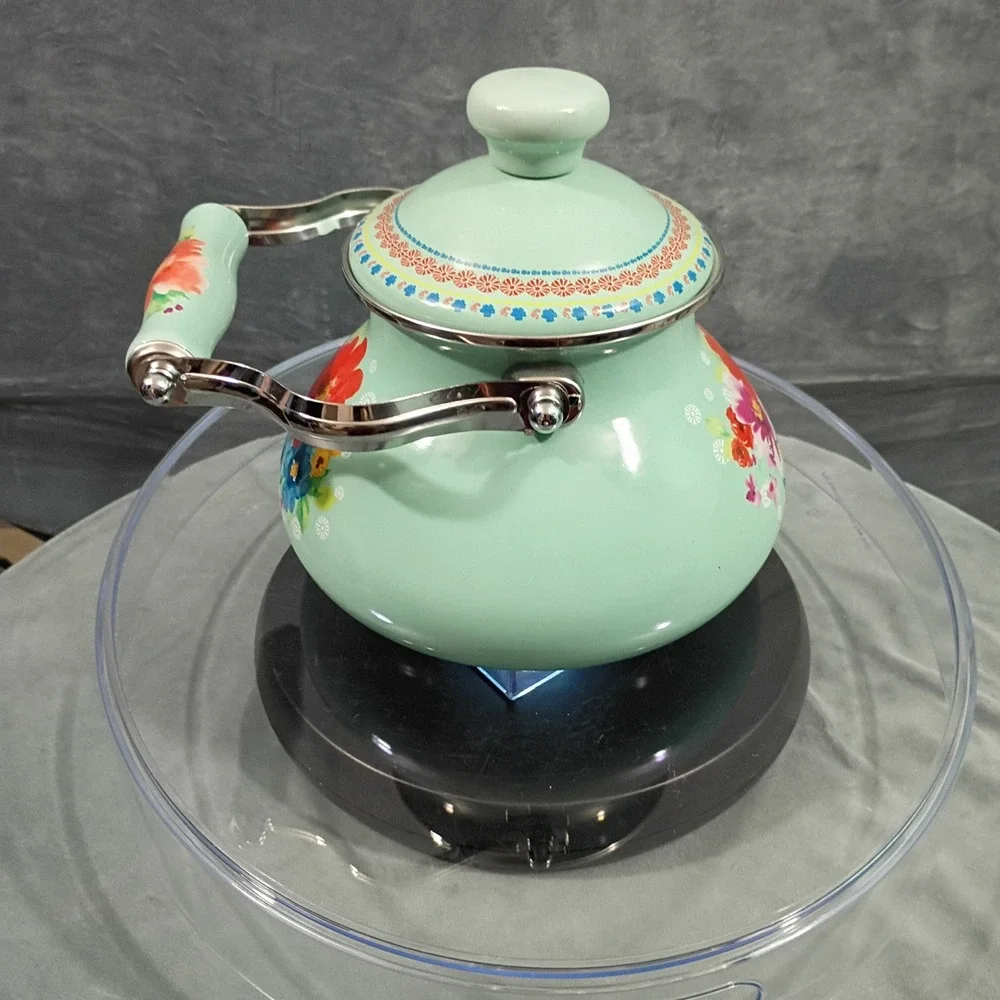 Pioneer Woman Breezy Blossom Enamel on Steel Tea Kettle Mint Green Floral 1.9L